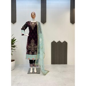 DESIGNER VELVET SEQUENCE BRODERIE TRAVAIL HAUT BAS AVEC DUPATTA WINE - Product Image 1