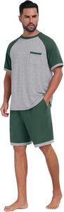 Conjunto de pijama de dos piezas para hombre, talla grande, informal, de verano, con bloques de color, 100% algodón tejido, camiseta de manga corta con bolsillo y pantalones cortos. - Product Image 5