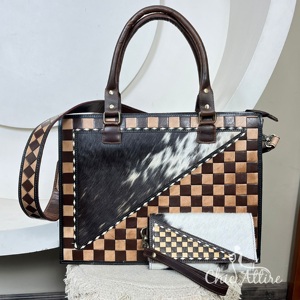 Sac à main en cuir à carreaux multifonctionnel et durable avec portefeuille assorti en cuir de vachette, ensemble combiné en cuir véritable fait main pour femmes - Product Image 1