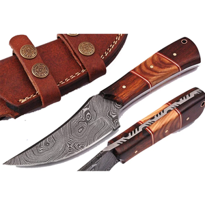 Cuchillo de caza de hoja fija de acero de Damasco personalizado, cuchillo para desollar con mango de madera y funda de cuero, proveedor de marca privada - Product Image 1