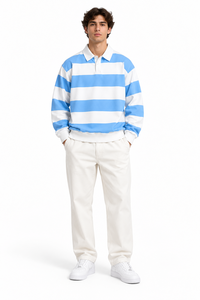 Camiseta de Manga Larga para Hombre TREZZA, Cuello Redondo, Corte Holgado Informal, Blanca y Azul, Tejida, 100% Algodón, Secado Rápido, Antiarrugas, Transpirable - Product Image 4