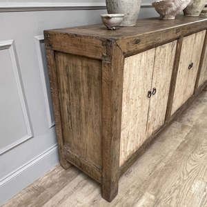 Antique Elm Cupboard Rustic <b>Wooden</b> <b>Storage</b> <b>Cabinet</b> Three Door Distressed Finish Farmhouse Sideboard Vintage Home Furniture - Product Image 2