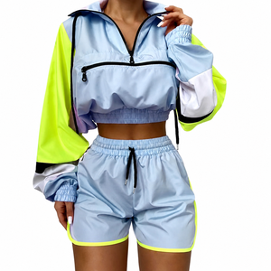 Women's Purple Neon Yellow Color Block Half-Zip Crop <b>Jacket</b> With Shorts Set Lightweight Loose Fit All Seasons Sportswear - Product Image 5