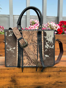 Sac fourre-tout en fourrure de vachette de style occidental de haute qualité Ensemble combo pochette avec logo personnalisé Nouveau design imprimé floral usiné à la main - Product Image 3