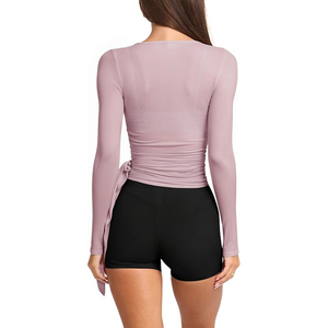 <b>Women</b> Asymmetrical <b>Long</b> Sleeve Yoga Top Solid Color Self-Tie Front Breathable Activewear <b>Shirt</b> - Product Image 3