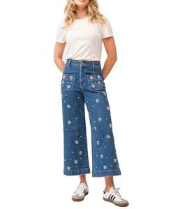 กางเกงยีนส์คาร์โก้ทรงตรงเอวสูงสำหรับผู้หญิง ผ้าฝ้ายผสมโพลีเอสเตอร์ปักลายวินเทจ เป็นมิตรต่อสิ่งแวดล้อม ระบายอากาศได้ดี - Product Image 1