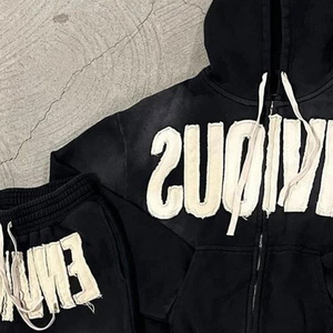 Winter Tracksuit <b>Men</b> OEM Custom Distressed Patch Embroidery Logo Acid Wash Vintage <b>Pullover</b> Hoodie Flared Sweats - Product Image 6