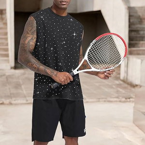 Men's Vintage Glitter <b>Rhinestone</b> Tank <b>Top</b> Acid Wash Streetwear Sleeveless Crew Neck Cotton T Shirt Sparkly Graphic Casual - Product Image 4