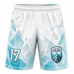 Shorts de sport pour homme Glacier Peak FC, blanc et bleu, imprimé géométrique sublimé, taille élastique, 100% polyester, toutes saisons - Product Image 1