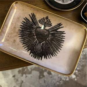 Vintage Sacred Heart Metal Serving Tray | Retro Enamel Decorative Tray <b>for</b> Coffee <b>Table</b> | Luxury Gold Rim Jewelry Trinket Dish - Product Image 1