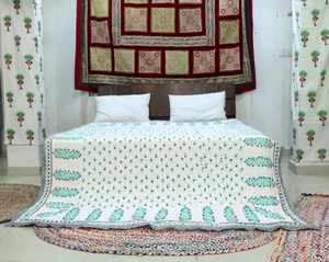 Green Floral <b>Indian</b> Hand Block Print <b>Quilt</b> Reversible <b>Indian</b> Jaipuri Razai Cotton Boho Bedspread - Product Image 1