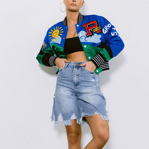 Varsity <b>Jacket</b> <b>Women</b> Cartoon Print Blue Green Patch Design Turn-down Collar Full Sleeve Short Length <b>Spring</b> Wear - Product Image 5