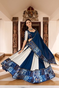 Lehenga de rayón de diseñador adornado con diseño estampado, detalles de espejo y encaje Gotta Patti, colección especial Navratri. - Product Image 1