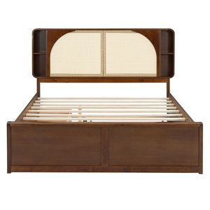 Lit Queen Size avec tête de lit en noyer et rotin, rembourré, doté de deux tiroirs et d'un lit gigogne - Product Image 3