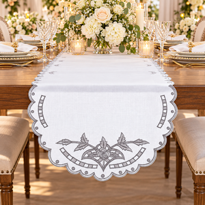 Classic Silver Grey Embroidered Scalloped <b>Table</b> <b>Runner</b> Vintage Floral Cutwork Washable Cotton Decor for Weddings & <b>Dining</b> - Product Image 2
