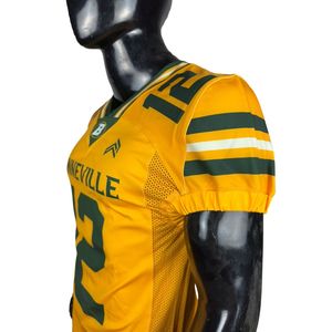 Ensemble de maillots de football américain personnalisés pour hommes, jaune et vert, sublimés, en mesh ajusté, manches courtes, anti-transpiration, uniforme 320 grammes - Product Image 3