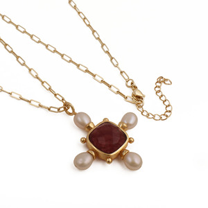 Collier pendentif en quartz rose naturel plaqué or - Collier ajustable avec croix en perle d'eau douce, bijoux pour elle - Product Image 2