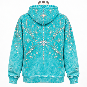 Custom Rhinestone Embellished <b>Zip</b>-Up Breathable <b>Pocket</b> Oversized <b>Hoodie</b> Turquoise French Terry Unisex Streetwear Autumn Wear - Product Image 6