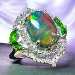 Natural Black Opal Green Tourmaline Cabochon Cocktail <b>Ring</b> in 925 Sterling <b>Silver</b> with Prong Setting Rhodium Plated Luxury Style - Product Image 1