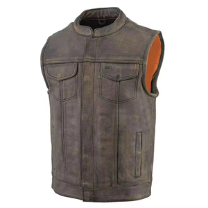 Gilet en cuir véritable pour homme, col montant, style motard, marron vieilli, simple boutonnage, coupe-vent - Product Image 3