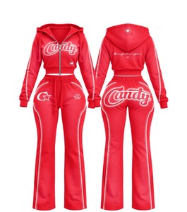 Ensemble 2 pièces vintage personnalisé : veste à capuche zippée et pantalon de survêtement évasé – Tenue de sport et de détente streetwear - Product Image 1