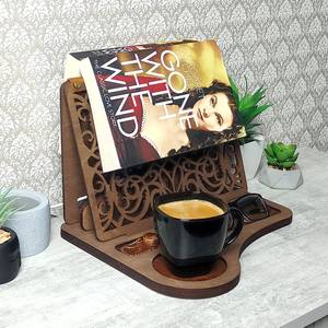 Wooden <b>Book</b> <b>Stand</b> & Bookends Cup <b>Holder</b> Reading Tray Desk Organizer Modern Art Engraved Home Office Coffee Accessory - Product Image 2