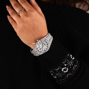 Moissanite Diamond Luxury Iced Out Women Watch 34mm Stainless Steel <b>White</b> Tone Quartz Hip Hop Style WristWatch For Women Gift - Product Image 2