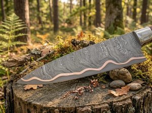 Couteau de cuisine à lame fixe en acier damas cuivré fait main avec manche en bois et étui en cuir, couteau de survie et de chasse - Product Image 4
