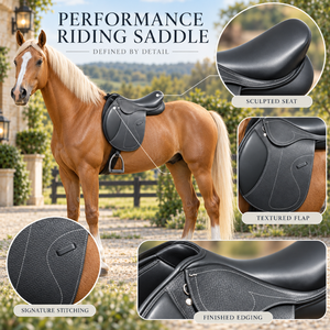 Silla de montar de cuero oscuro de alto rendimiento con asiento esculpido |   Sillín Ecuestre Inglés con Solapa Texturizada y Costuras Finas - Product Image 5