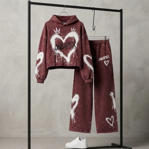 Women's Burgundy Graffiti <b>Heart</b> Hoodie Tracksuit Set White Printed <b>Sweatshirt</b> Wide Leg Pants Streetwear Two Piece Outfit - Product Image 2