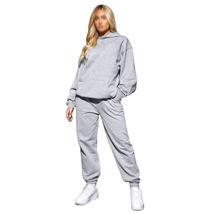 Women Plus Size Beige Cotton Tracksuit Set Hooded <b>Sweatshirt</b> Full Length Pants Side Pockets Casual Autumn Solid Color Loose Fit - Product Image 5
