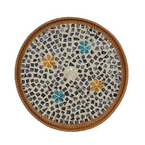 Vente en gros de plateau rond en nacre bleu jaune en mosaïque de fleurs plateau de service décoratif en rotin fait à la main pour la décoration de la maison - Product Image 1