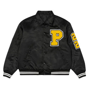 Chaqueta Varsity Personalizada San Antonio Plateada y Negra Satinada con Logotipo Bordado, Chaqueta Bomber para Hombre, Venta al Por Mayor, Ropa Deportiva OEM, Ropa Urbana - Product Image 1
