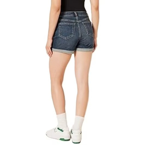 Shorts en jean taille haute pour femme avec cinq poches, délavage stonewashed, coupe droite, style décontracté, ourlet retroussé - Product Image 4