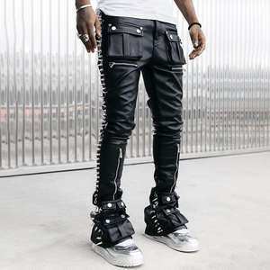 Pantalones de Cuero Negros para Hombre con Bordado de Cruz Blanca, Estilo Gótico, Cintura Alta, Cierre de Cremallera, Corte Regular, para Otoño - Product Image 3