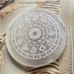 Natural Selenite Zodiac Wheel Plate 3 Inch Engraved 12 Zodiac <b>Signs</b> Irregular Crystal Charging Plate Home Decor Feng Shui - Product Image 4