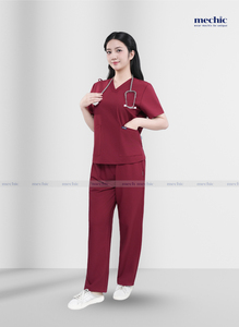 Women's <b>Maroon</b> Scrub Set V-Neck Short Sleeve Hospital Uniform Knitted Cotton Polyester Pants Included from in Viet Nam - Product Image 2
