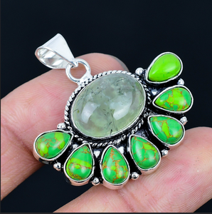 Pendentif demi-fleur en pierre précieuse de préhnite, turquoise vert cuivré, collier floral, bijoux plaqués argent, bijoux pour femmes - Product Image 2