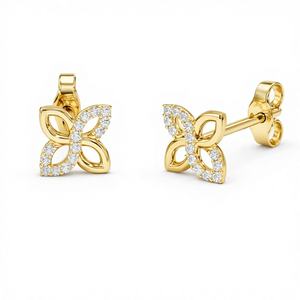 Élégantes boucles d'oreilles clous en or massif 14 carats ou en argent avec diamants de laboratoire, motif pétale floral, délicates fleurs, pour tous les jours - Product Image 1