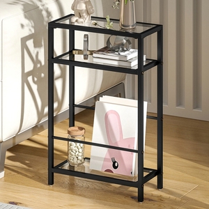 Mesa Auxiliar de Vidrio de 3 Niveles Premium, Estructura Metálica Negra Delgada, Revistero, Mesa Auxiliar Estrecha para Sofá, Sala de Estar - Product Image 1