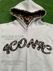 Survêtement unisexe à capuche avec logo brodé en appliqué léopard sur le devant, 100% coton molletonné, manches longues, vêtement décontracté - Product Image 4