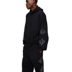 Sweat à capuche noir pour homme orné de strass et pantalon assorti, ensemble de survêtement, vêtements en gros OEM ODM - Product Image 3