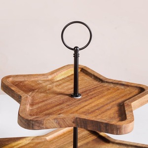 Charming Two Tier Wooden <b>Cake</b> <b>Stand</b> Featuring Star Shaped Trays & A Black Metal Stem With A Ring Handle For Serving & Decoration - Product Image 4