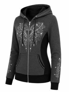 Sudadera con Capucha Brillante para Mujer, con Cierre Frontal de Cristales, Manga Larga, para Uso Diario Informal y Cómodo - Product Image 4