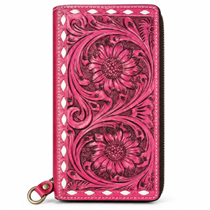Cartera de mujer de cuero genuino de 19 cm, cartera larga floral hecha a mano con cremallera, bolsillo para monedas y ranuras para tarjetas - Product Image 1
