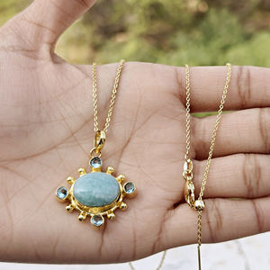 Joyería de moda de lujo, amazonita natural con colgante ovalado de cuarzo azul cielo, diseño con cuentas, collar con cadena chapada en oro de 18k - Product Image 5