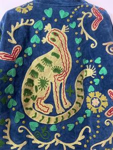 Vintage <b>Navy</b> Velvet Floral Embroidered Suzani <b>Jacket</b> With Animal Pattern Full Sleeve Stand Collar Bohemian <b>Women</b> Winter Coat - Product Image 5
