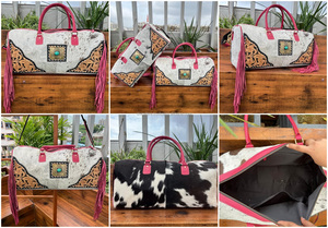 Grand sac polochon en cuir de vachette outillé à la main et cheveux en cuir de vachette véritable sac à bagages de voyage pour unisexe, nouveauté 2025 - Product Image 3