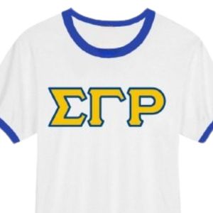 Camiseta de Manga Corta con Letras Sigma Gamma Rho, Color Blanco con Ribete Azul, para Mujer, Hermandad Griega, Cuello Redondo, Personalizada, Casual, Universitaria - Product Image 5