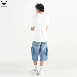 Shorts en jean oversize tendance pour hommes, coupe ample, avec logo personnalisé, en denim délavé, multi-poches, décontractés, pour l'été - Product Image 4